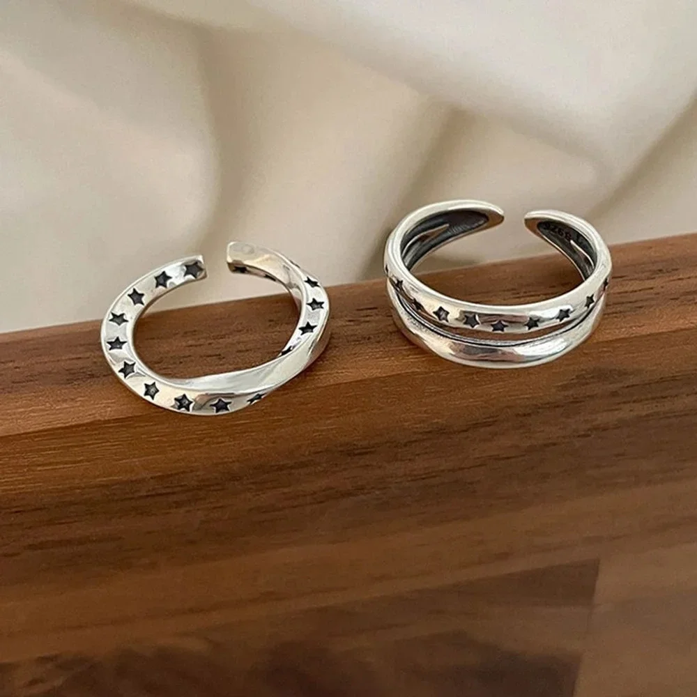 NEW Unisex/Men’s 925 Sterling Silver Engraved Star‎ Twist Band Ring, Adjustable